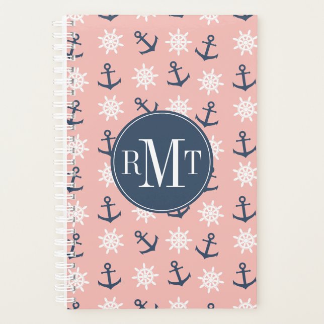 Nautical coral navy blue anchor and wheel pattern planner (Front)