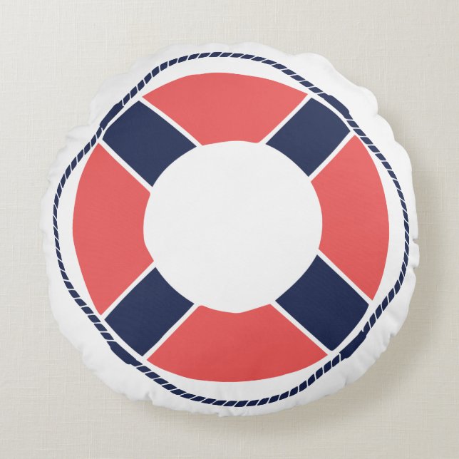 Nautical Coral Orange Navy Take the Helm Mate! Round Cushion (Front)