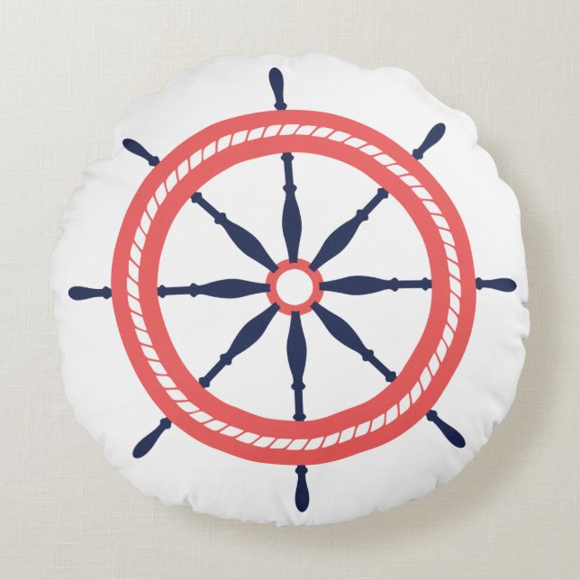 Nautical Coral Orange Navy Take the Helm Mate! Round Cushion (Front)
