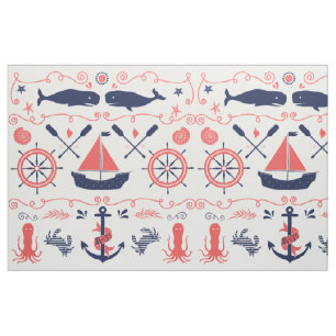 Nautical Coral Orange Navy Whales Ropes and Banner Fabric