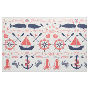 Nautical Coral Orange Navy Whales Ropes and Banner Fabric