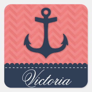Nautical Coral Pink Navy Blue Anchor Custom Name Square Sticker
