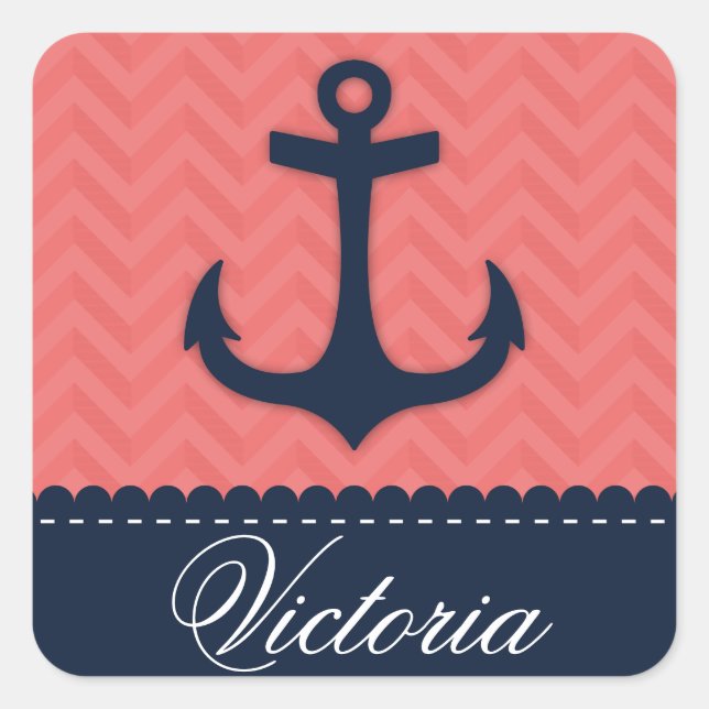Nautical Coral Pink Navy Blue Anchor Custom Name Square Sticker (Front)