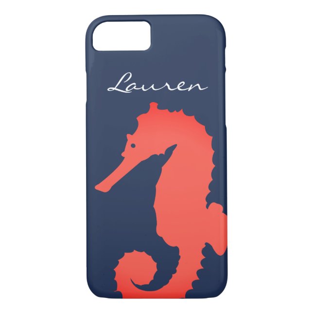 Nautical Coral Pink Seahorse & Name Case-Mate iPhone Case (Back)