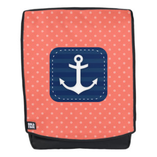 Nautical Coral Polka Dot Pattern Navy Blue Anchor Backpack
