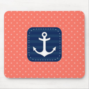 Nautical Coral Polka Dot Pattern Navy Blue Anchor Mouse Mat