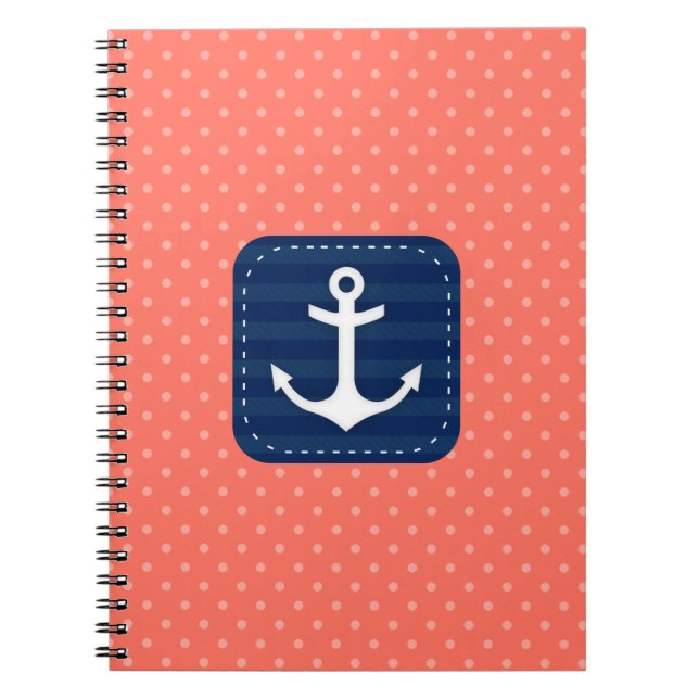 Nautical Coral Polka Dot Pattern Navy Blue Anchor Notebook (Front)