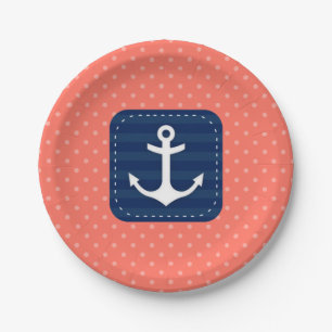 Nautical Coral Polka Dot Pattern Navy Blue Anchor Paper Plate