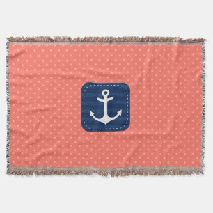 Nautical Coral Polka Dot Pattern Navy Blue Anchor Throw Blanket