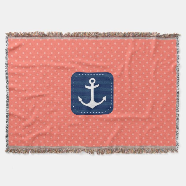 Nautical Coral Polka Dot Pattern Navy Blue Anchor Throw Blanket (Front)