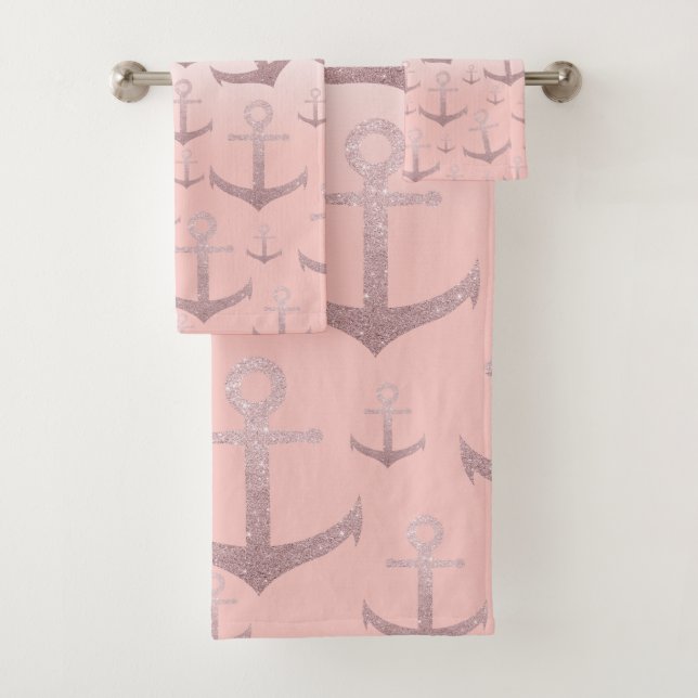 Nautical coral rose gold glitter anchor pattern bath towel set (Insitu)