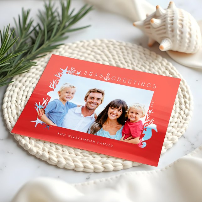 Nautical Coral Seas & Greetings Ocean Photo Frame Holiday Card (Nautical Coral Seas & Greetings Ocean Photo Frame Holiday Card)