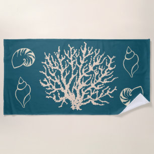 Nautical Coral Seashells Beach Towel 