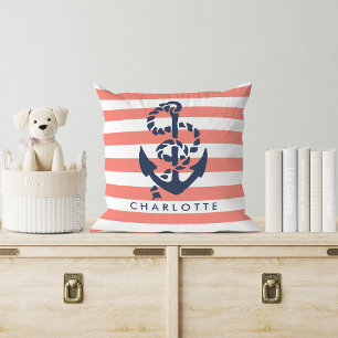 Nautical Coral Stripe & Navy Anchor Personalised Cushion
