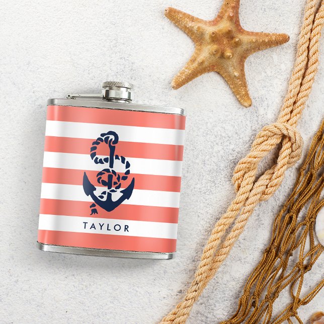 Nautical Coral Stripe & Navy Anchor Personalised Hip Flask (Creator Uploaded)