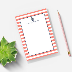 Nautical Coral Stripe & Navy Anchor Personalised Post-it Notes