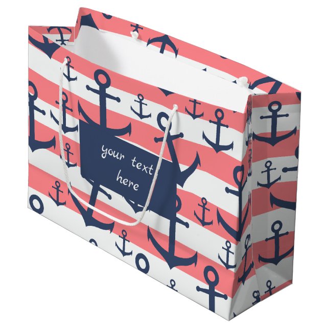 Nautical coral stripe navy blue anchor pattern large gift bag (Front Angled)