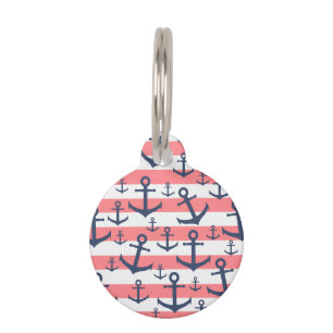 Nautical coral stripe navy blue anchor pattern pet tag