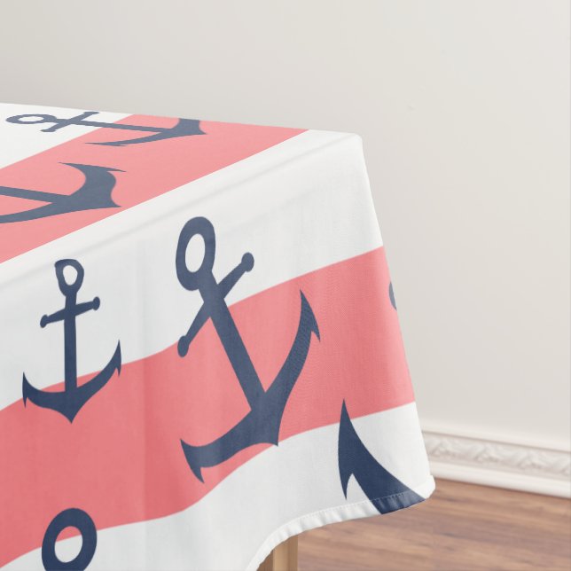Nautical coral stripe navy blue anchor pattern tablecloth (In Situ)