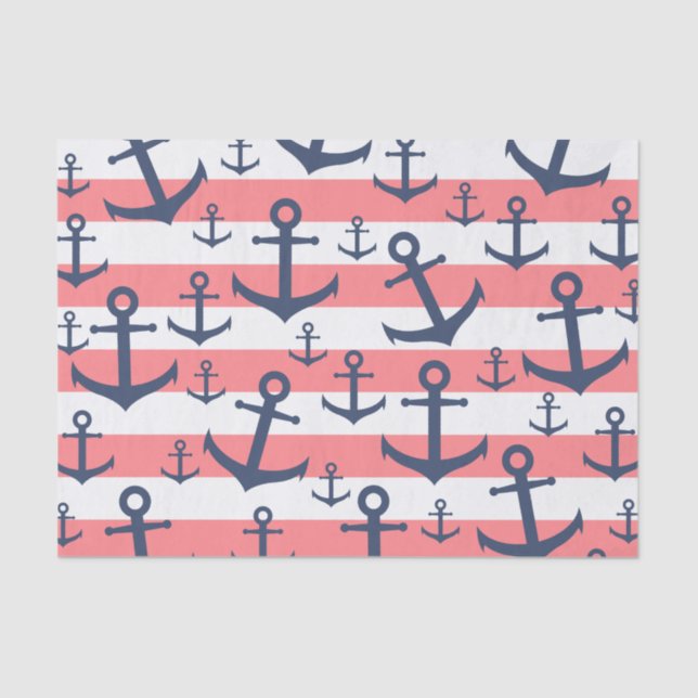 Nautical coral stripe navy blue anchor pattern tissue paper (Front)