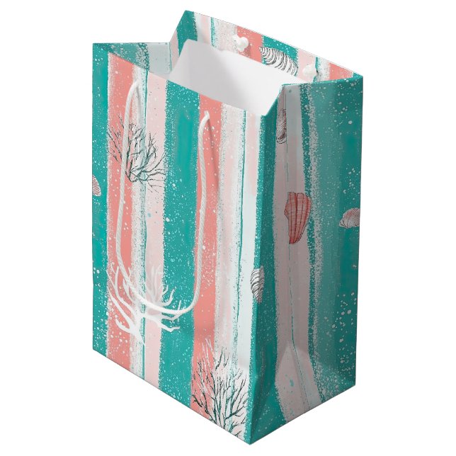 Nautical Coral Stripe Pattern Medium Gift Bag (Front Angled)