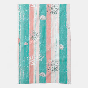 Nautical Coral Stripe Pattern Tea Towel