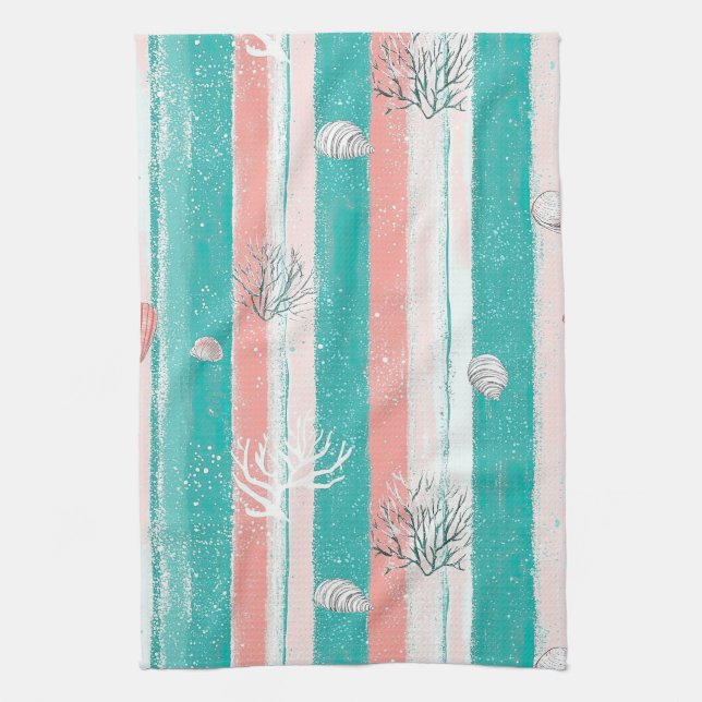 Nautical Coral Stripe Pattern Tea Towel (Vertical)