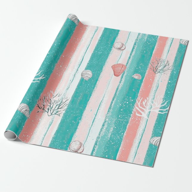Nautical Coral Stripe Pattern Wrapping Paper (Unrolled)