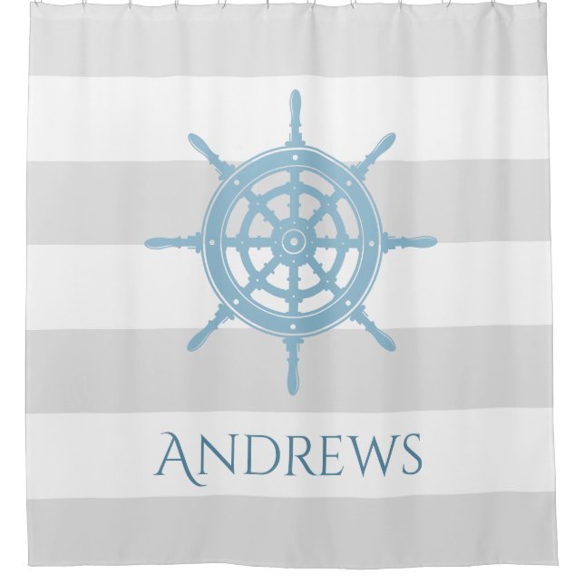 Nautical Cottage Beach Blue Name Shower Curtain (Front)