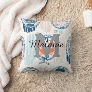 Nautical Crab Blue Orange Coastal Striped Pattern Cushion