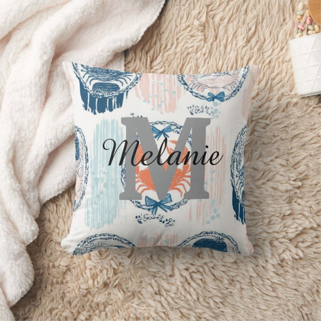 Nautical Crab Blue Orange Coastal Striped Pattern Cushion (Blanket)