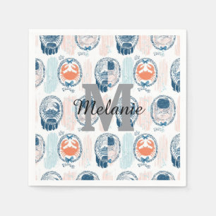 Nautical Crab Blue Orange Coastal Striped Pattern Napkin