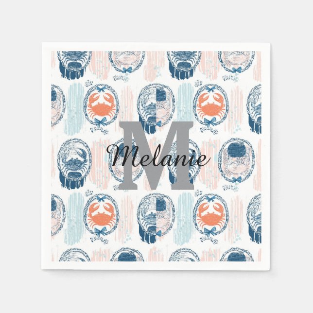 Nautical Crab Blue Orange Coastal Striped Pattern Napkin (Front)