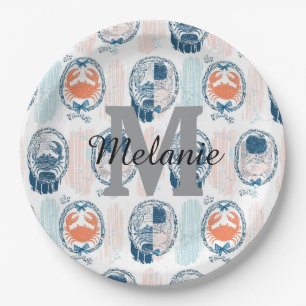 Nautical Crab Blue Orange Coastal Striped Pattern Paper Plate