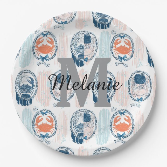 Nautical Crab Blue Orange Coastal Striped Pattern Paper Plate (Front)
