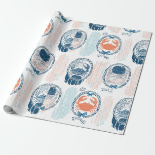 Nautical Crab Blue Orange Coastal Striped Pattern Wrapping Paper