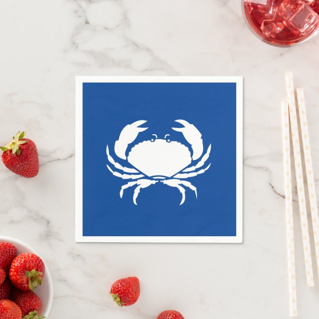 Nautical crab blue white coastal paper napkins (Insitu)