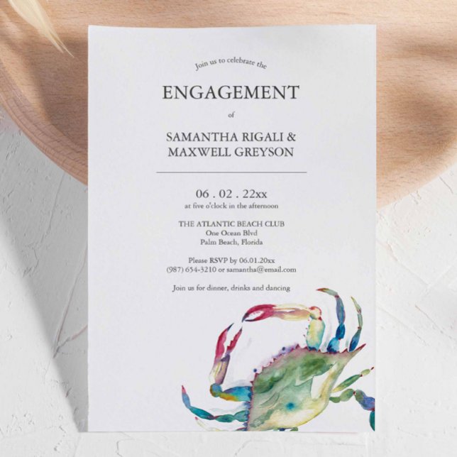 Nautical Crab Engagement Invitations (Nautical crab engagement invitations features unique art and design by Victoria Grigaliunas)