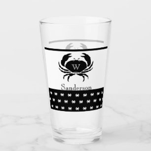  Nautical Crab Monogrammed Black and White  Glass