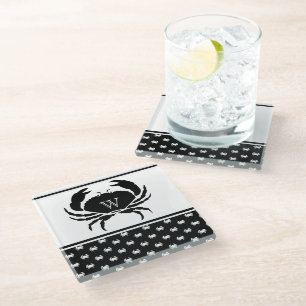 Nautical Crab Monogrammed Black and White Glass Coaster