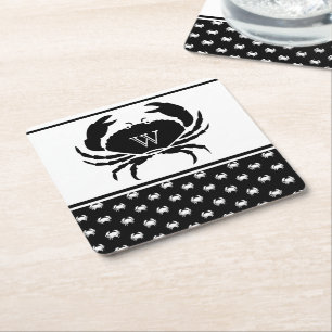 Nautical Crab Monogrammed Black and White Square Paper Coaster