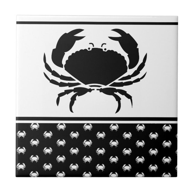  Nautical Crab Monogrammed Black and White Tile (Front)