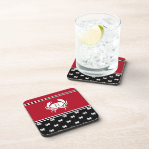  Nautical Crab Monogrammed Red Black White Coaster