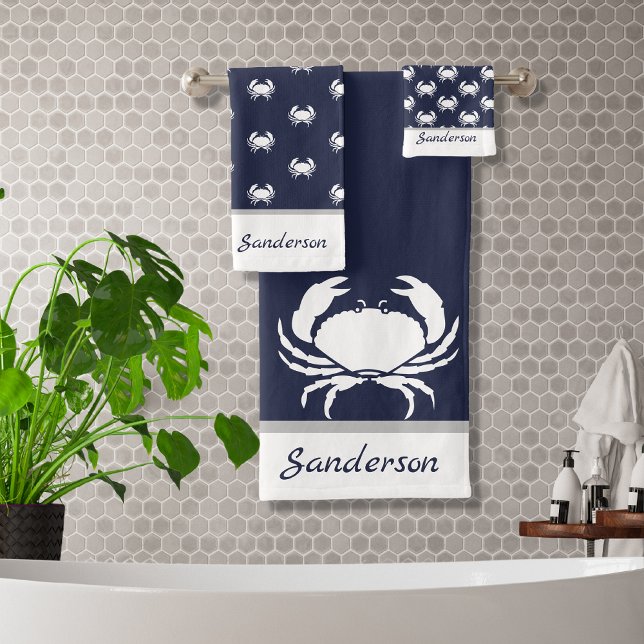 Nautical crab navy blue white monogram  bath towel set (Creator Uploaded)