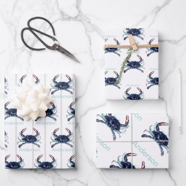  Nautical Crab Ocean Navy Blue, Teal   Wrapping Paper Sheet (Front)