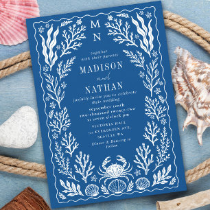 Nautical Crab Shell Ocean Beach Blue Wedding Invitation