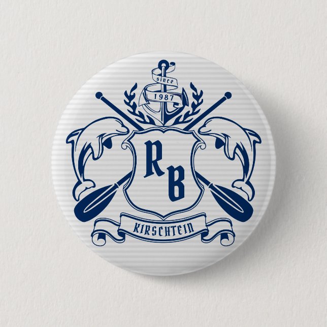 Nautical Crest Dolphins Anchor Oars Laurel Shield 6 Cm Round Badge (Front)