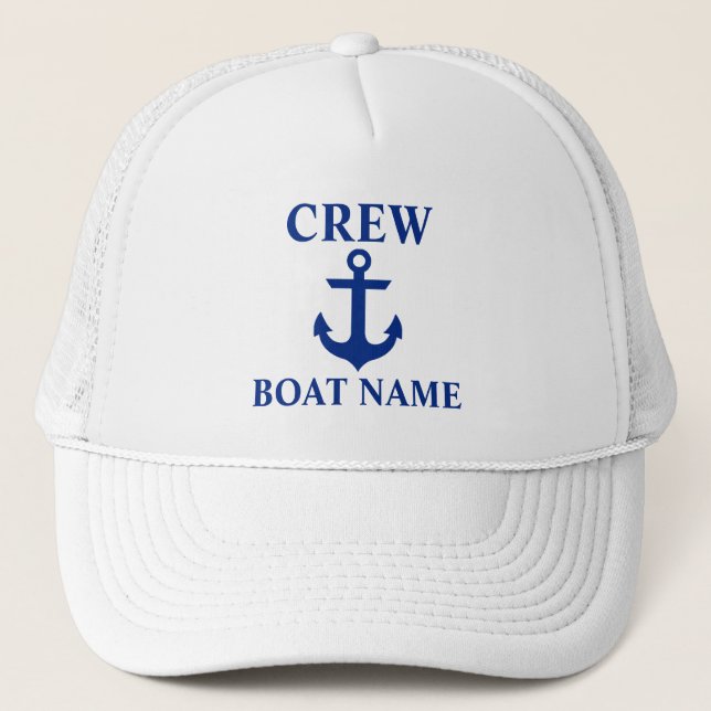 Nautical Crew Boat Name Anchor White Trucker Hat (Front)