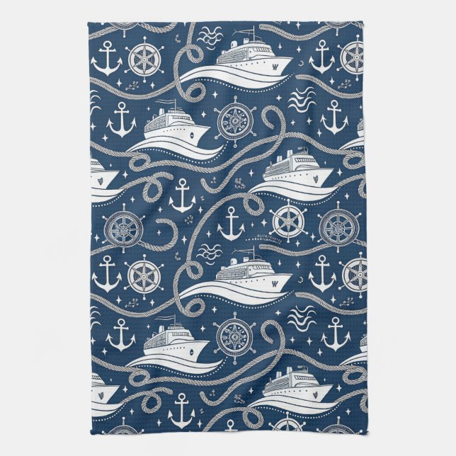 Nautical Cruise Seamless Pattern Tea Towel (Vertical)
