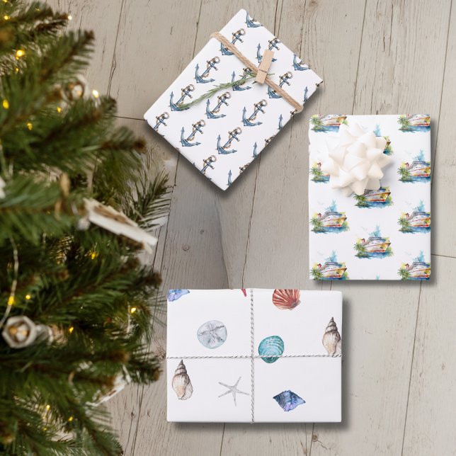 Nautical Cruise Ship, Anchor, and Seashells Wrapping Paper Sheet (Cruise wrapping paper for Christmas or anytime of the year)